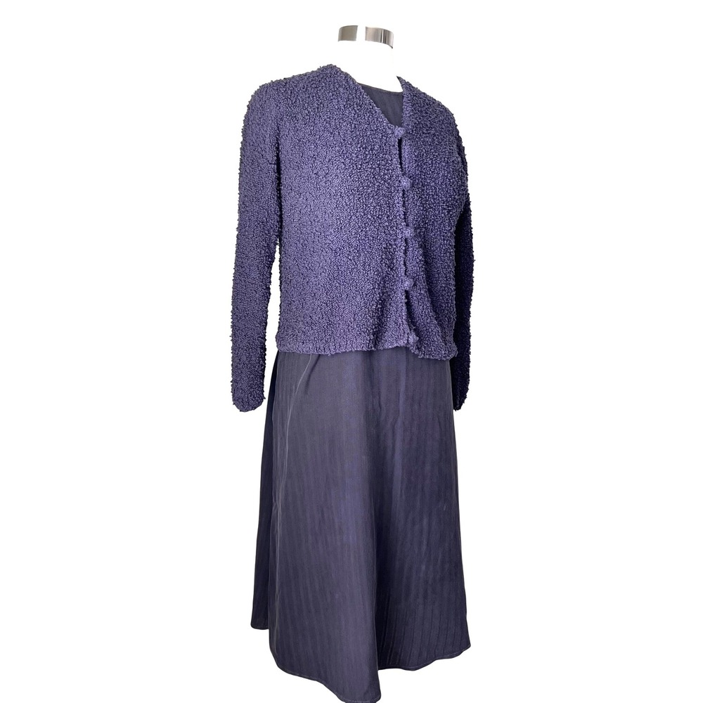 Eileen Fisher Vtg 2 Pc Set Textured Knit‎ Cardigan and Striped Midi Dress Small